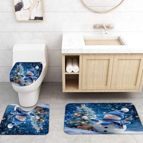 Blue Christmas Shower Curtain Set with Snowman Santa Holiday Bath Rugs & Hooks