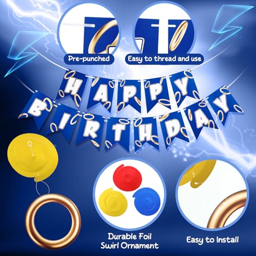 Blue Gold Birthday Banner with 8 Swirl Decorations | Cartoon Theme