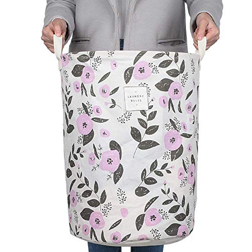UUJOLY Waterproof Round Laundry Hamper - Collapsible Cotton Linen Basket, 19.7x15.7 in, Purple