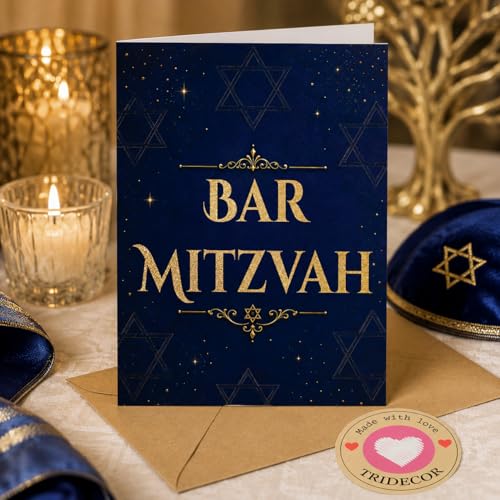 Elegant Bar Mitzvah Greeting Card - 5x7 Navy & Gold Folded Card with Envelope