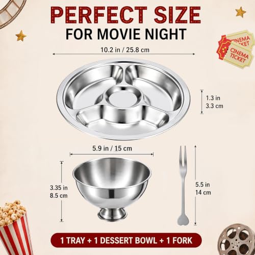 Stainless Steel Sundae Bowl & 4-Compartment Topping Tray Set for Movie Night