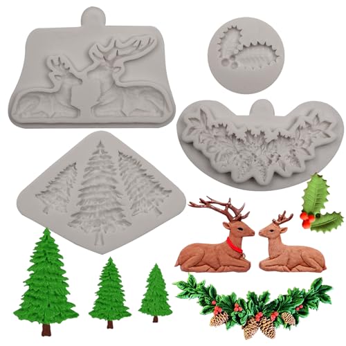 Christmas Silicone Mold Set for Cake Decorating Reindeer Pine Tree Holly