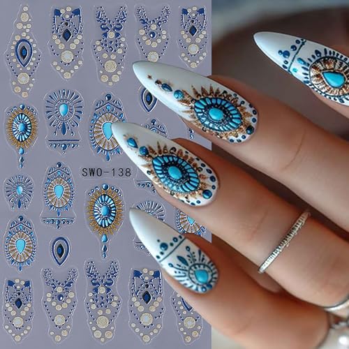 Bohemian 3D Self-Adhesive Nail Decals Retro Blue Boho Nail Art Stickers - 2Pcs