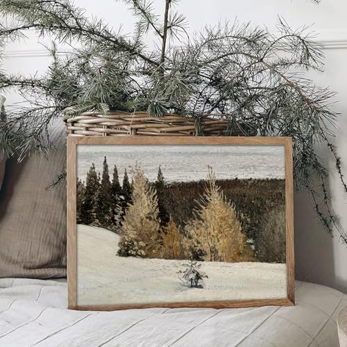 Vintage Christmas Wall Art Print - Rustic Winter Landscape Oil Painting (8" x 10", Unframed)