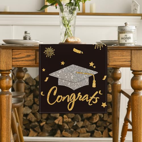13x48 Inch Graduation Table Runner Black Diploma Cap Decor