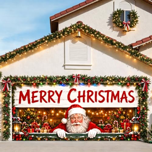Santa's Shop Garage Door Banner - 7x16FT Christmas Outdoor Decoration - Winter Scene