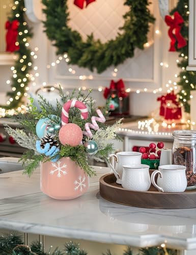 Christmas Centerpieces for Tables with Pink & Blue Ceramic Vase - Holiday Table Decor, Pine Branches & Candy Cane Accents