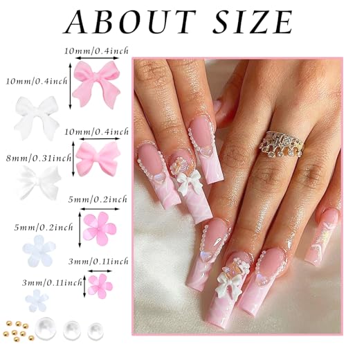 RODAKY Pink Bow & Pearl Flower Nail Art Charms 3D Resin Flatback Decorations