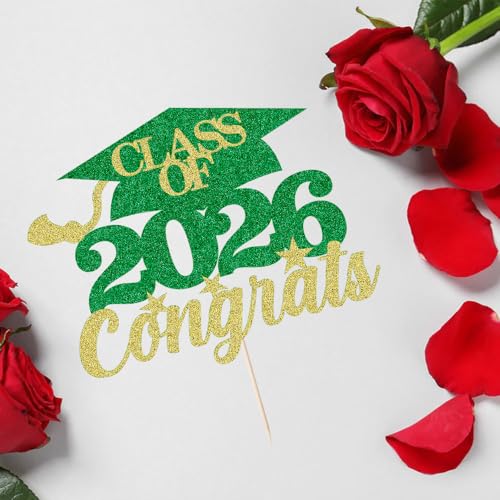 Class of 2026 Graduation Cake Topper - Green Gold Party Decor