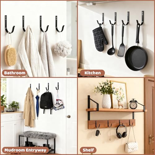 Heavy Duty Black Wall Hooks - 4 Pcs, 22LB Capacity for Coats & Bags