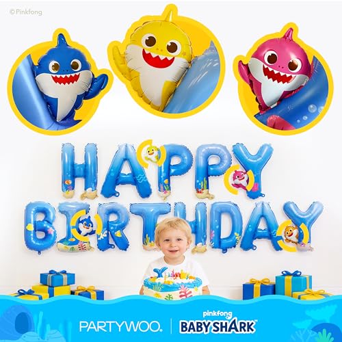 Blue Baby Shark Happy Birthday Banner Balloons - 16 Inch