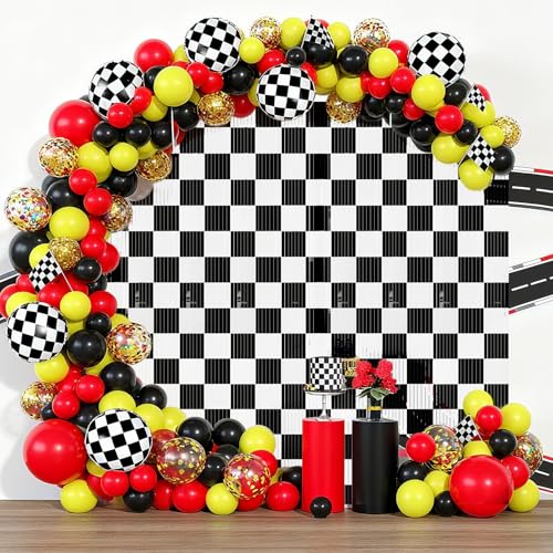 PreJoyStar Car Foil Fringe Curtains - Race Car Themed Backdrop 2 Pack, 3.3 x 6.6 Ft, Black & White Checkered Party Decorations
