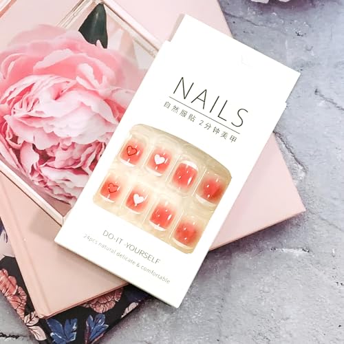 Onsdag Pink Short Coffin Press On Nails with Heart Designs - 24Pcs Glossy Acrylic False Nails Set