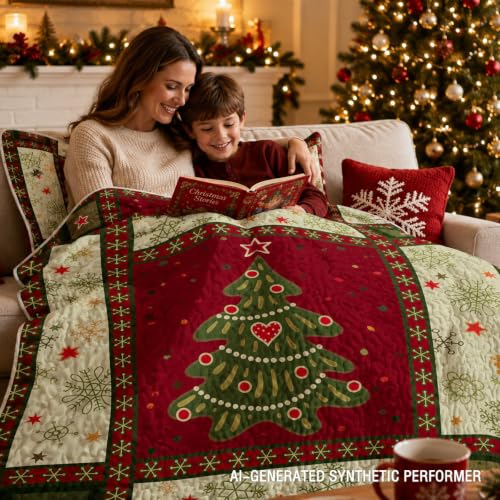 BlessLiving Christmas Patchwork King Quilt Set - Holiday Bedspread 3-Piece