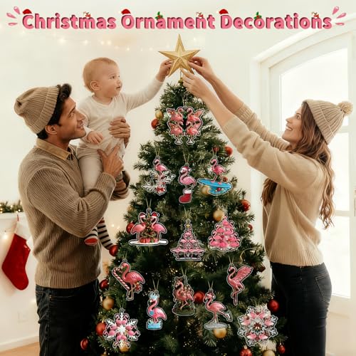 24Pcs Pink Flamingo Christmas Ornaments Acrylic Holiday Decor Set