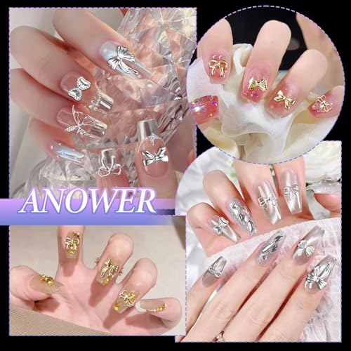 Anower Silver & Gold Bow Nail Charms 12 Styles Alloy Bowknot Studs