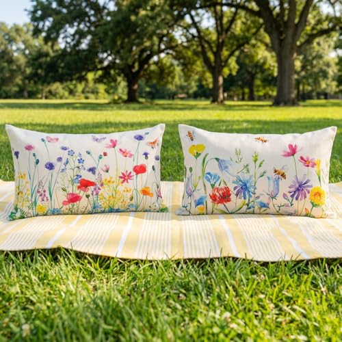 Spring Floral Lumbar Pillow Covers 12x20 - Set of 2 for Outdoor Decor