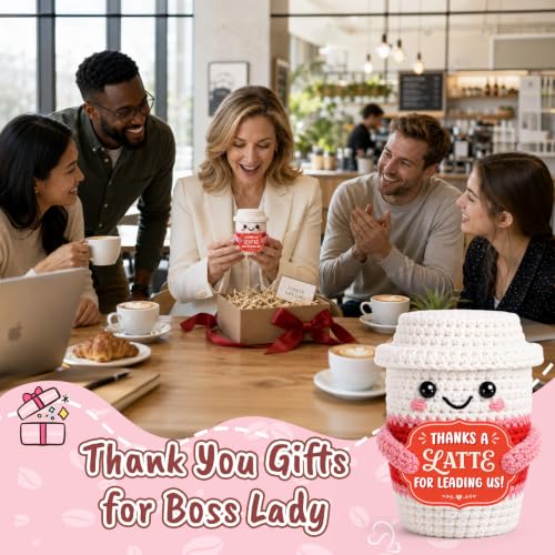 Personalized Boss Gifts for Women - Handmade Crochet Latte with 'Thanks A Latte' Card