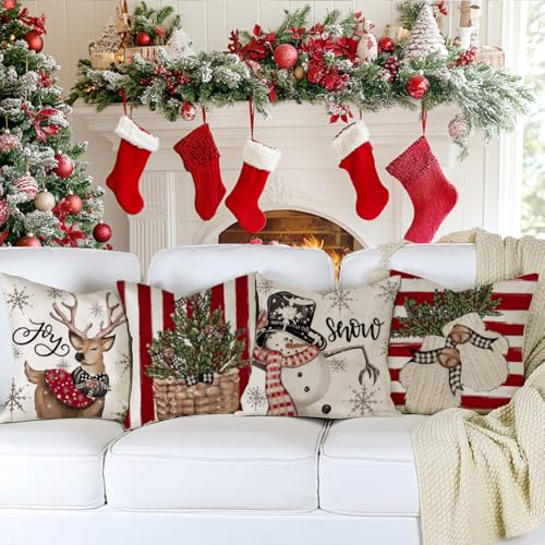 RABUSOFA Waterproof Christmas Pillow Covers Set of 4 - Red, 18x18 Inch
