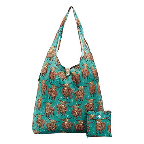 ECO CHIC Foldable Reusable Grocery Bag Highland Cow Teal Lightweight Waterproof Tote