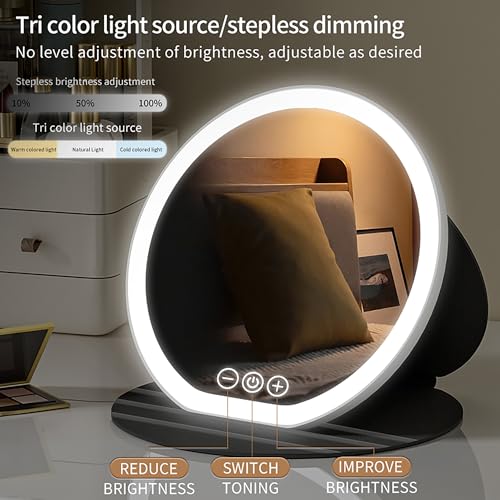 suonee Rechargeable Lighted Travel Makeup Mirror - 8.6" Slim LED Vanity Mirror with 3 Color Modes and PU Leather Case, Black