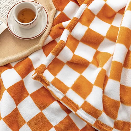 Orange Flannel Throw Blanket with Checkerboard Pattern - 90x110 inches, Soft & Warm for Couch & Bed