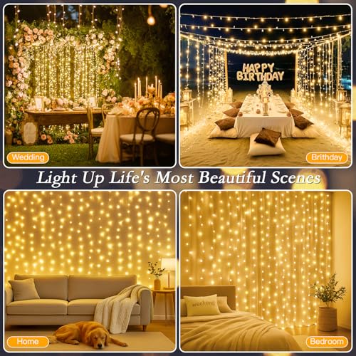 200 LED Warm White Curtain Fairy Lights 9.8x6.6FT with Remote & Hooks - Plug In