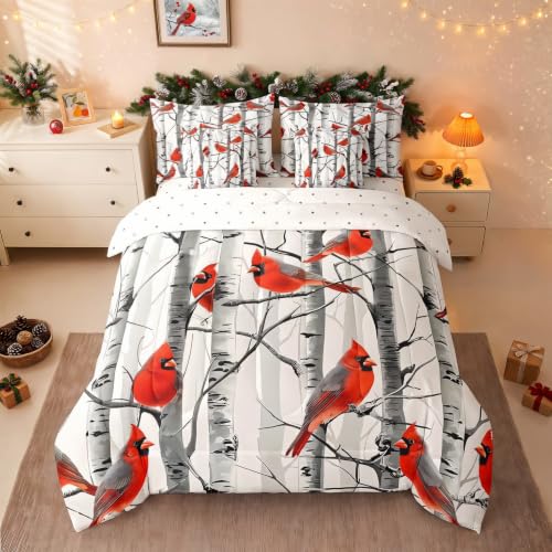 Christmas Cardinal Comforter Set Queen Size White Orange 7pcs Bedding