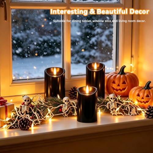 Black Flameless Candles with Remote & Timer - Halloween LED Pillar Set - Black