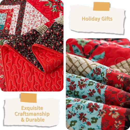 Christmas Queen Quilt Set - 100% Cotton Fill Bedding with Festive Floral Design, 90 x 98 Inches