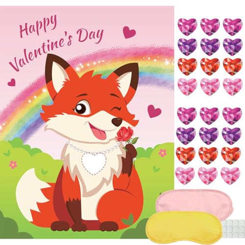Pin The Heart on The Fox Game with 24 Stickers & 2 Blindfolds