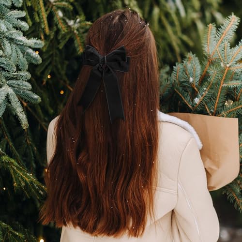 Quacc Large Velvet Bow Hair Clip with Satin Ribbon - Black Hair Accessory