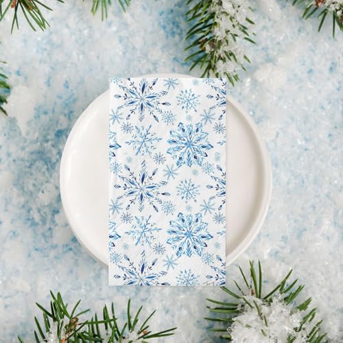 Christmas Snowflake Guest Napkins - Watercolor Blue Disposable Party Towels