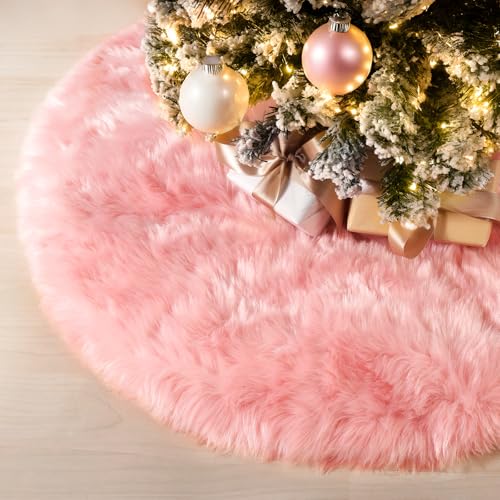 Pink Faux Fur Christmas Tree Skirt 28 Inch for Holiday Decor - MACTING