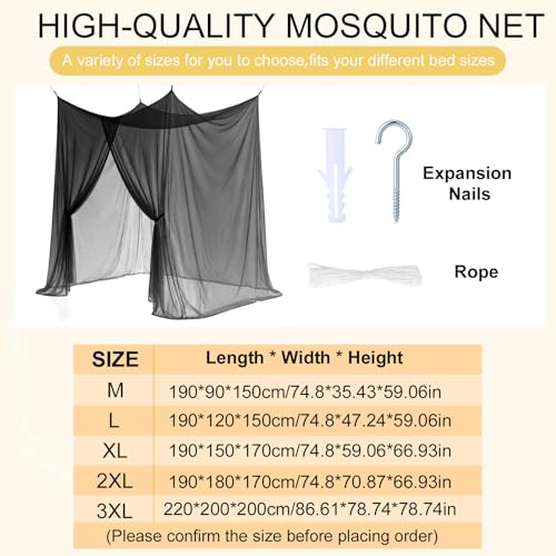 Frienda Queen Size Mosquito Net Canopy - Black Four-Corner Bed Netting