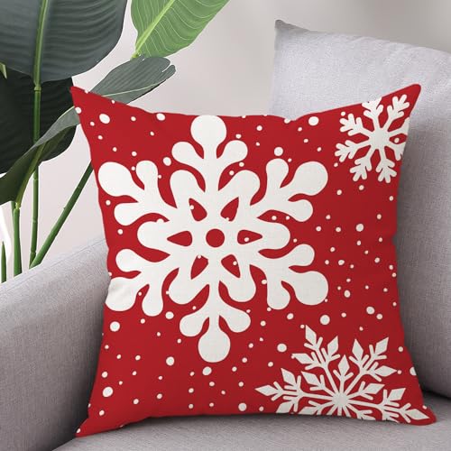 Gujiahone Red Snowflake Christmas Pillow Covers Set of 2 18x18 Inch Linen Square Holiday Decor