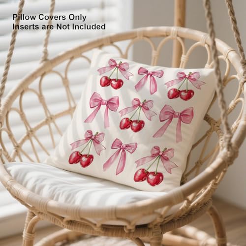 Pink Bow Tie Cherry Pillow Cover - 18x18 Inch Preppy Cushion Case
