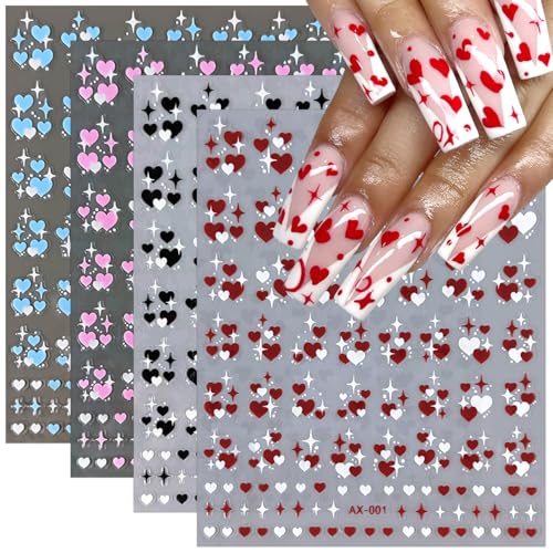 Valentine's Heart Nail Art Stickers - 4 Sheets 3D Self-Adhesive Love Decals