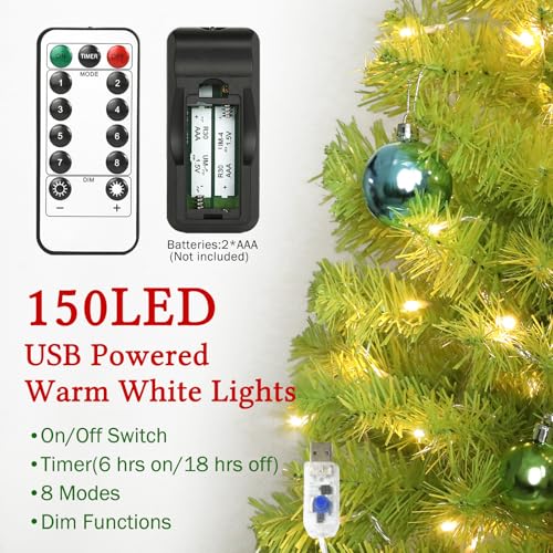 5ft Lime Green Artificial Christmas Tree with 150 LED Lights & Ornaments