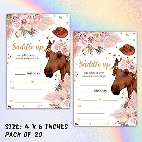 Horse Birthday Invitations with Envelopes - 20 Pack Cowgirl Design