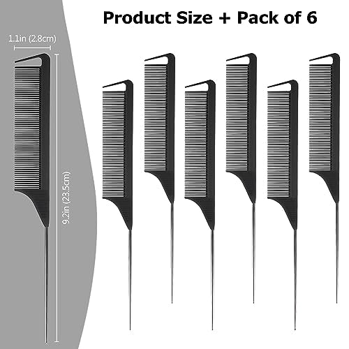 Kootinn 6PCS Rat Tail Detangling Hair Combs Set - Black Fine Tooth Styling Combs