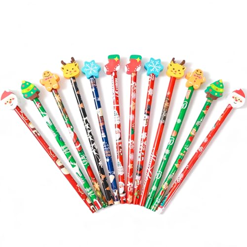 12 Pcs Christmas Pencils Bulk with Erasers - Christmas Style - Festive Holiday Designs