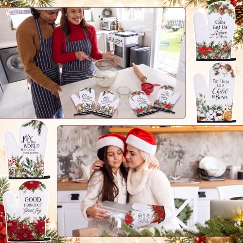 Christian Christmas Oven Mitts Set - Poinsettia Bible Verse & Holiday Floral Design, 4 Pairs