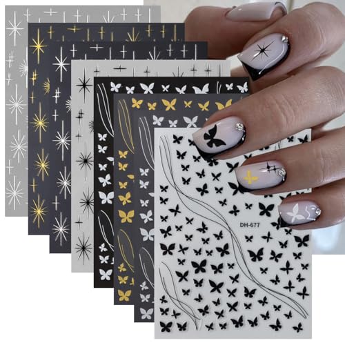 8 Sheets 3D Butterfly Nail Stickers Gold Silver Star Decals Manicure DIY