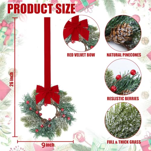 Christmas Mini Wreath for Cabinets - Green Norfolk Frosted Pine with Ribbon Bows & Red Berries, 9 Inch