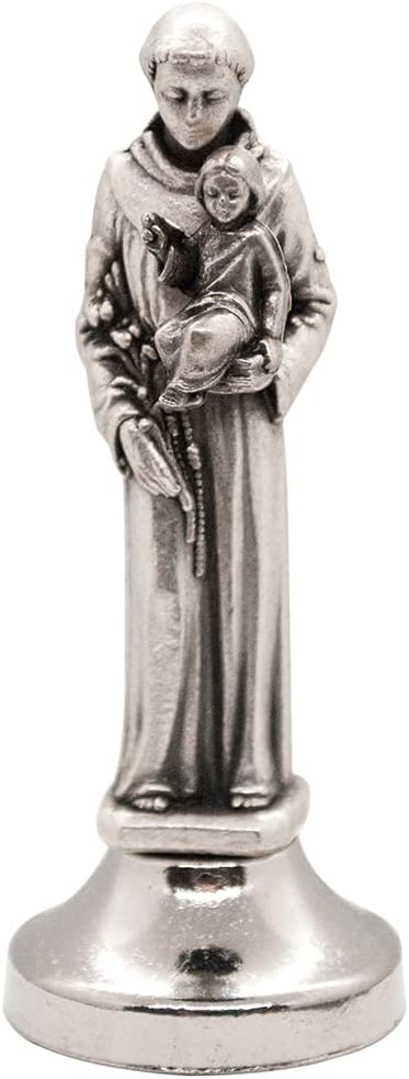 Mini Saint Statue - Classic Silver-Tone Christian Figurine | Sticky Bottom for Easy Car Dash Attachment | Made in Italy (St. Anthony)