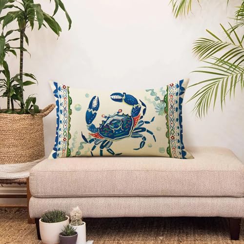Coastal Crab Lumbar Throw Pillow Cover 12x20 - Cotton Linen