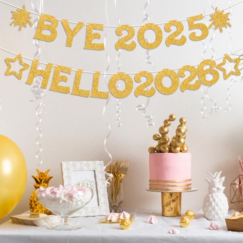 Bye 2025 Hello 2026 New Year Banner - Sparkling Gold Decorations