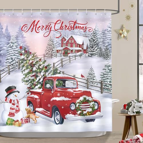 Bonhause Christmas Red Truck Shower Curtain, 72x72 Inch Holiday Bath Decor