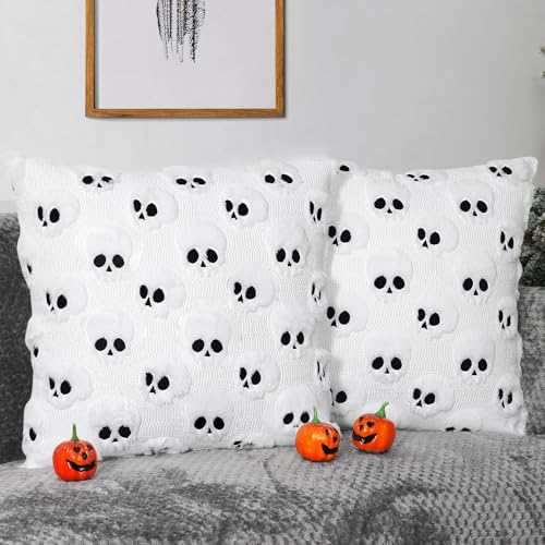 Skull Halloween Throw Pillow Covers 18x18, Set of 2 Plush Black Decor